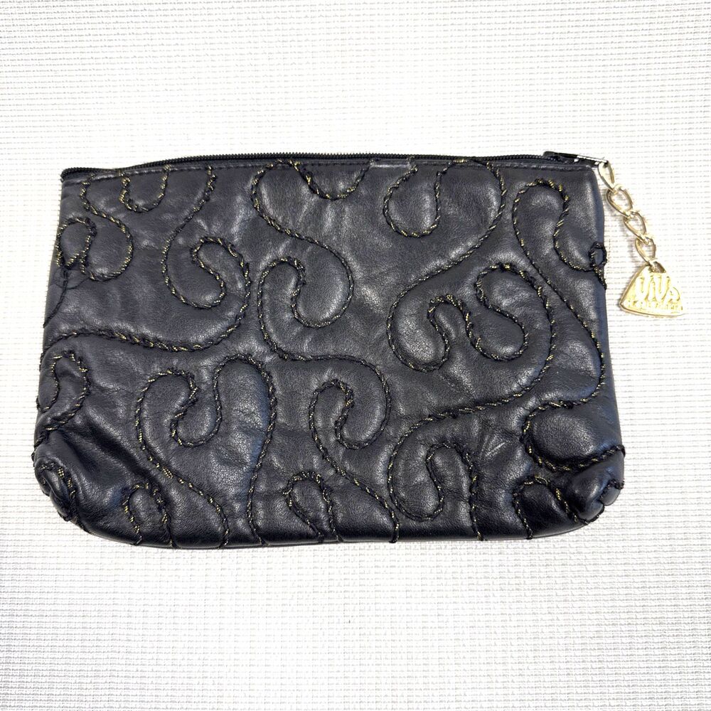 Rare Vintage Viva Bags Of California Black Leather Stitched Makeup Bag